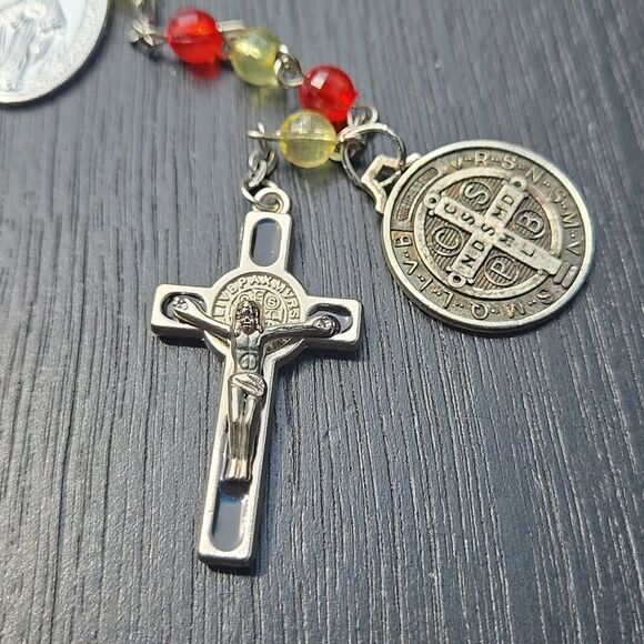 Elegant Silver Tone Red Yellow Beaded Necklace Rosary Jewelry Unisex Man Women - Picture 6 of 15